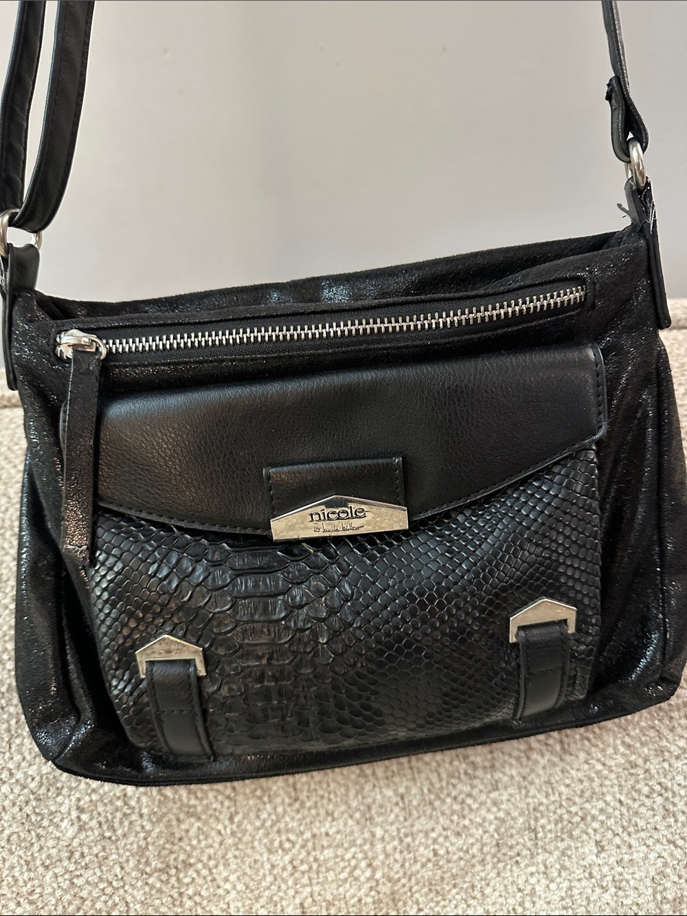 Nicole Miller Black Textured Crossbody Bag with Silver Accents